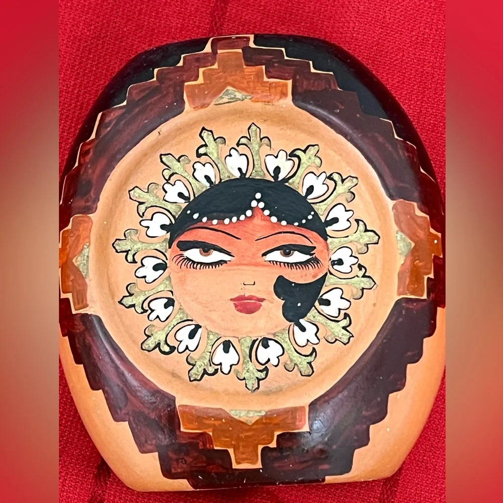 Small Hand Painted Ceramic Oval Vase Woman's Face Signed Nahid Karimi 4.5 in